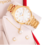 Relógio Feminino Champion Analógico CN25118W Dourado Fundo Branco Pulseira em Aço Inoxidável + Kit Colar e Brincos