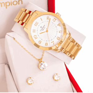 Relógio Feminino Champion Analógico CN25118W Dourado Fundo Branco Pulseira em Aço Inoxidável + Kit Colar e Brincos