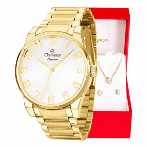 Kit Relógio Feminino Champion Dourado Analógico CN27652W Pulseira em Aço Inoxidável Prova D´Agua 50 Metros + Colar e Brincos Presente Perfeito