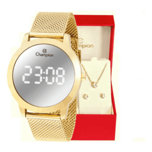 Kit Relógio Feminino Dourado Champion Digital Espelhado Colar E Brincos Com Correia em Aço Inoxidável Prova D´Agua 50 Metros