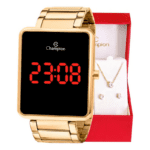 Kit Relógio Feminino Champion Digital Dourado Colar Brincos Cor do fundo led vermelho CH40086V Com Pulseira em Aço Inoxidável Presente Perfeito Namorada Mãe Esposa