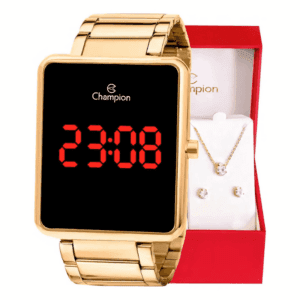 Kit Relógio Feminino Champion Digital Dourado Colar Brincos Cor do fundo led vermelho CH40086V Com Pulseira em Aço Inoxidável Presente Perfeito Namorada Mãe Esposa