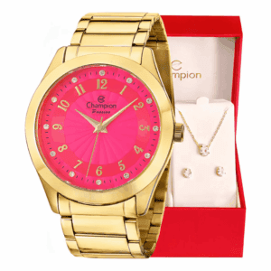 Relógio Feminino Champion Dourado Fundo Rosa com Pulseira em Aço Inoxidável Prova D´Agua 50 metros + Kit Colar e Brincos Presente Perfeito para Namorada Mãe e Esposa